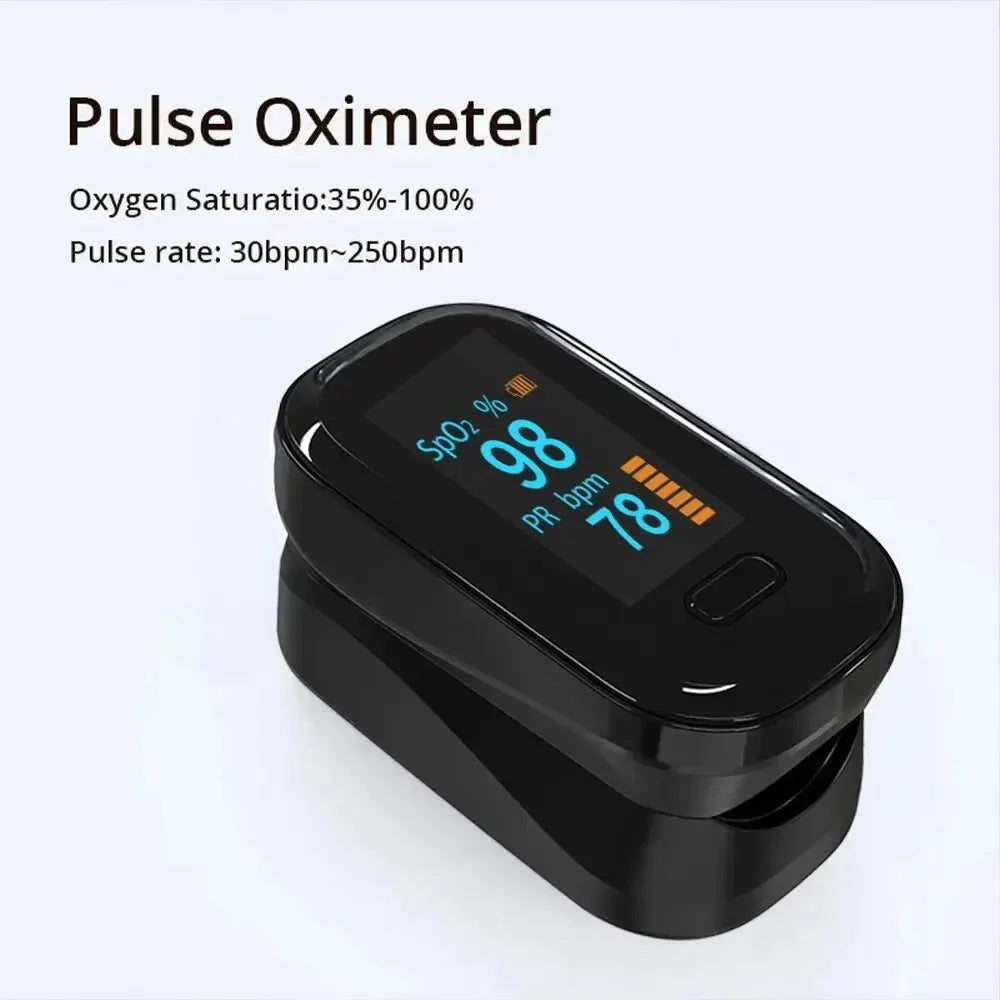 Black pulse oximeter with digital display on a white background